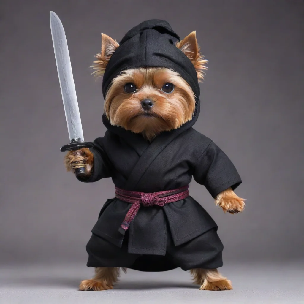 standing fierce yorkshire terrier dressed as a  ninja with covered head only eyes holding a long  katana with both hands