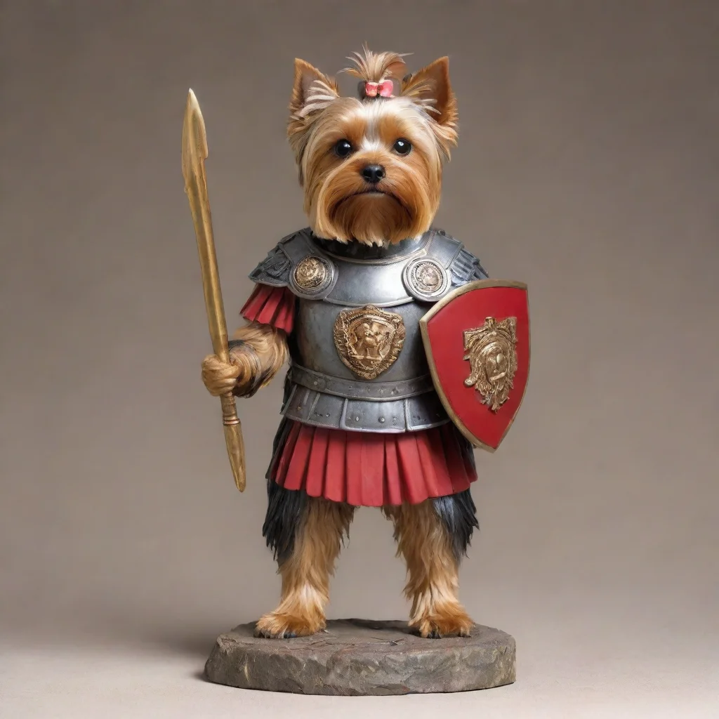 standing in two feet yorkshire terrier as a roman legionaire with gladius and escudo
