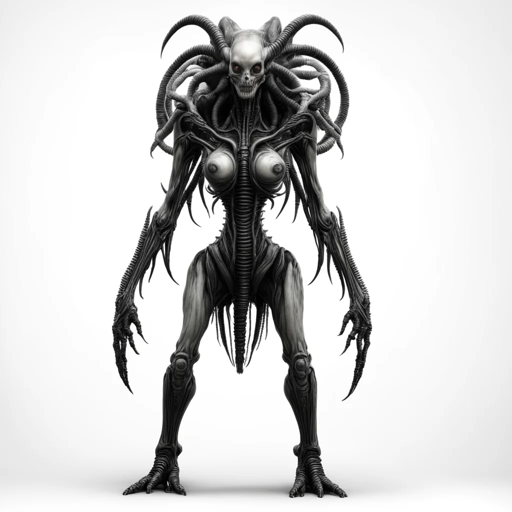 standing tall female creature giger white background a pose