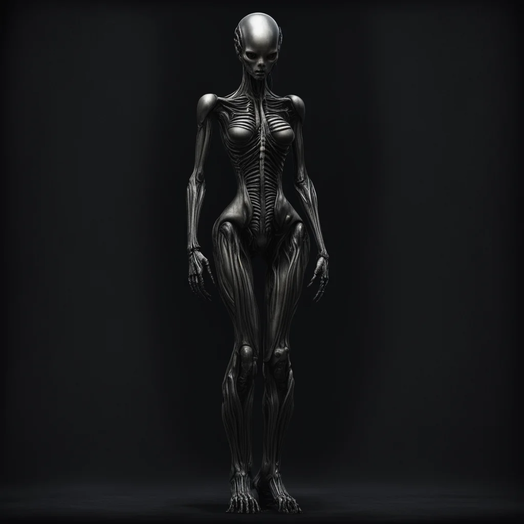 standing tall female humanoid giger dark background