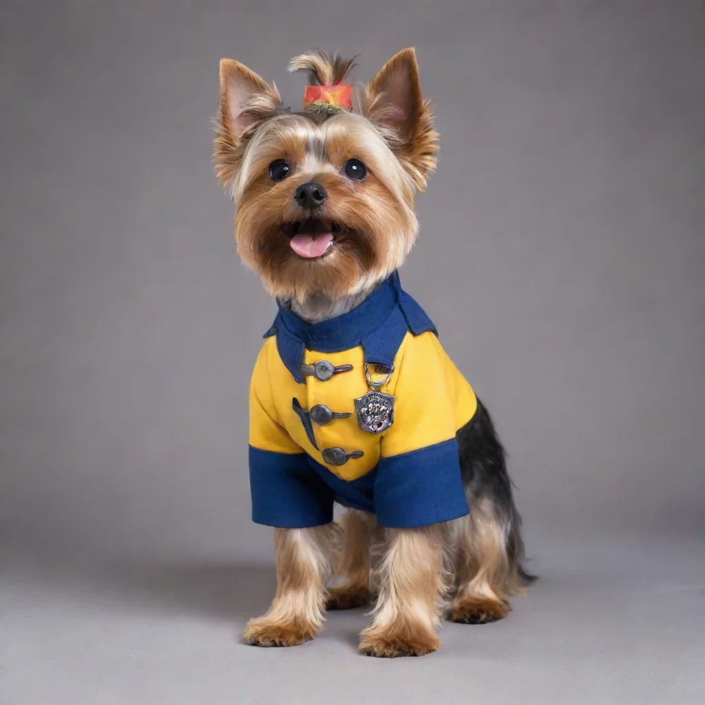 standing up yorkshire terrier dressed as a patroller