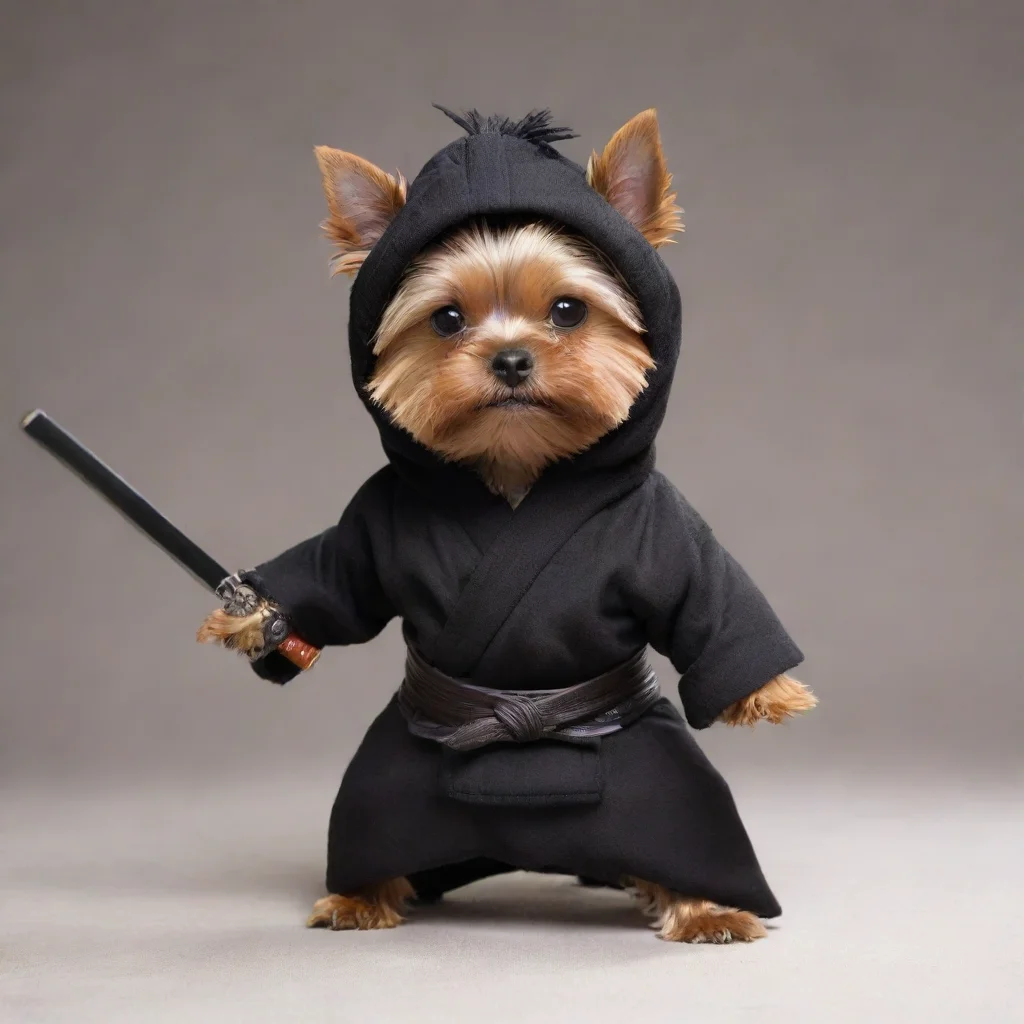 standing yorkshire terrier dressed as a hollywood ninja with covered head holding a katana with menacing position