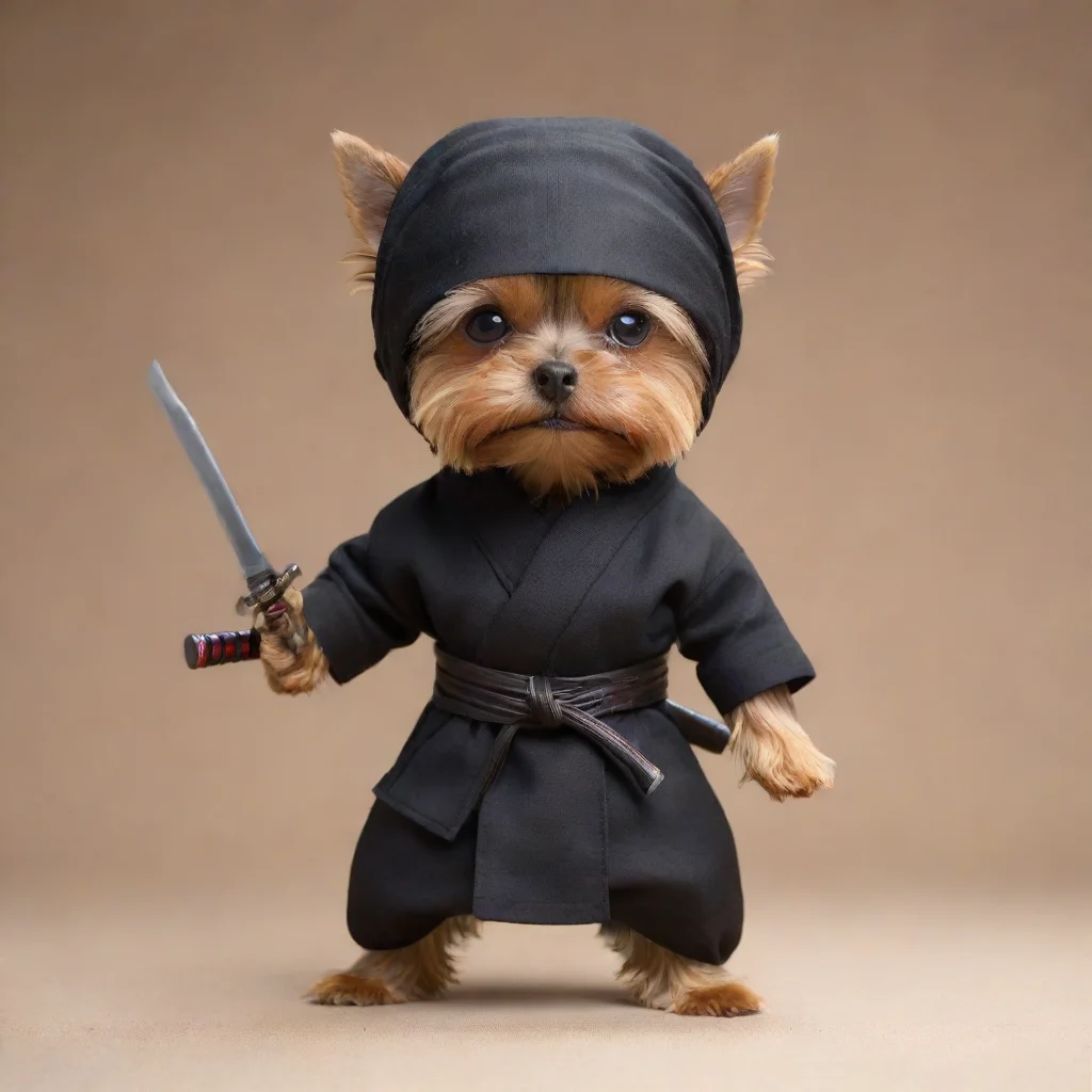 standing yorkshire terrier dressed as a hollywood ninja with covered head holding a katana with war position