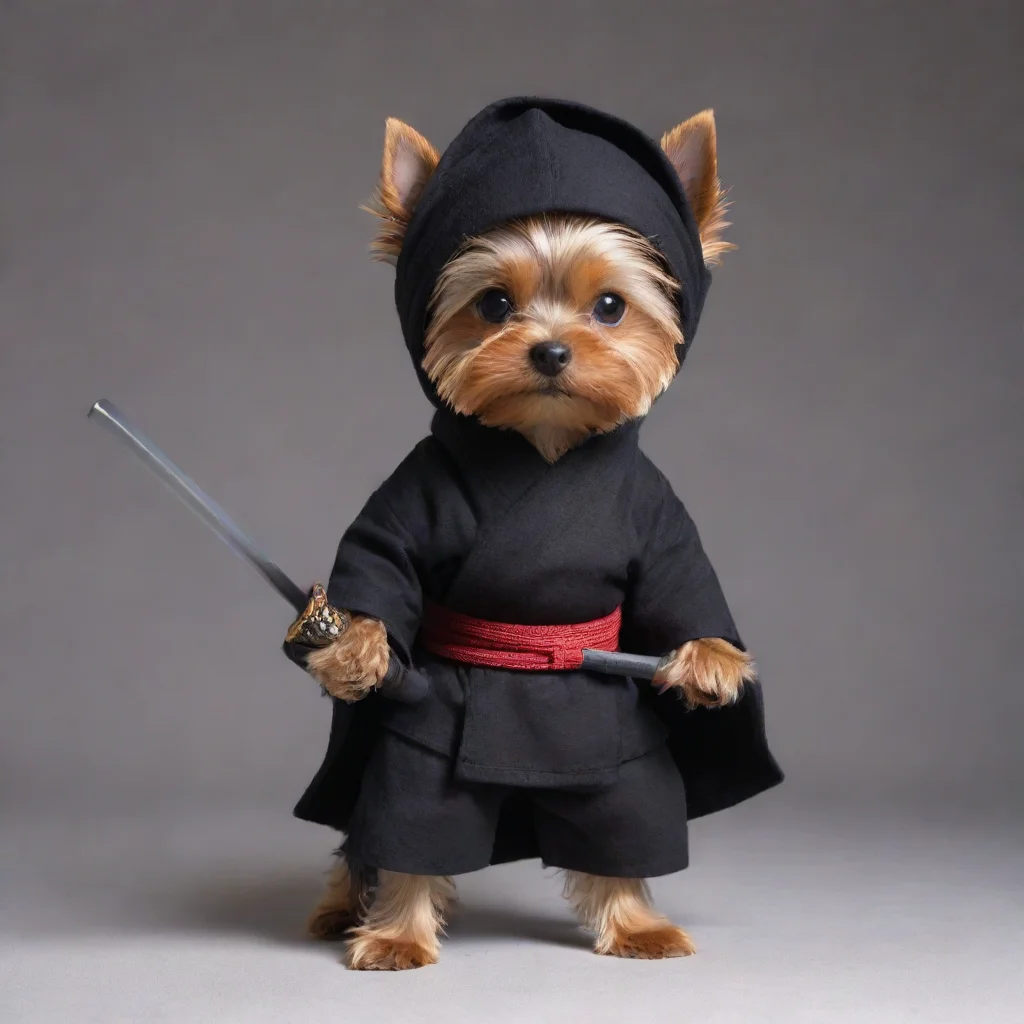 aistanding yorkshire terrier dressed as a hollywood ninja with covered head holding a katana