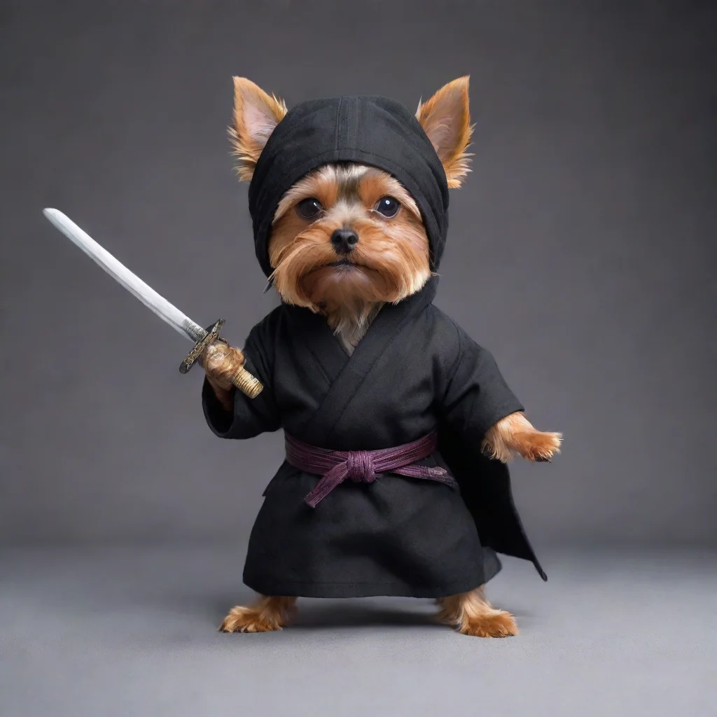 aistanding yorkshire terrier dressed as a hollywood ninja with covered head holding a long  katana with two hands  war position