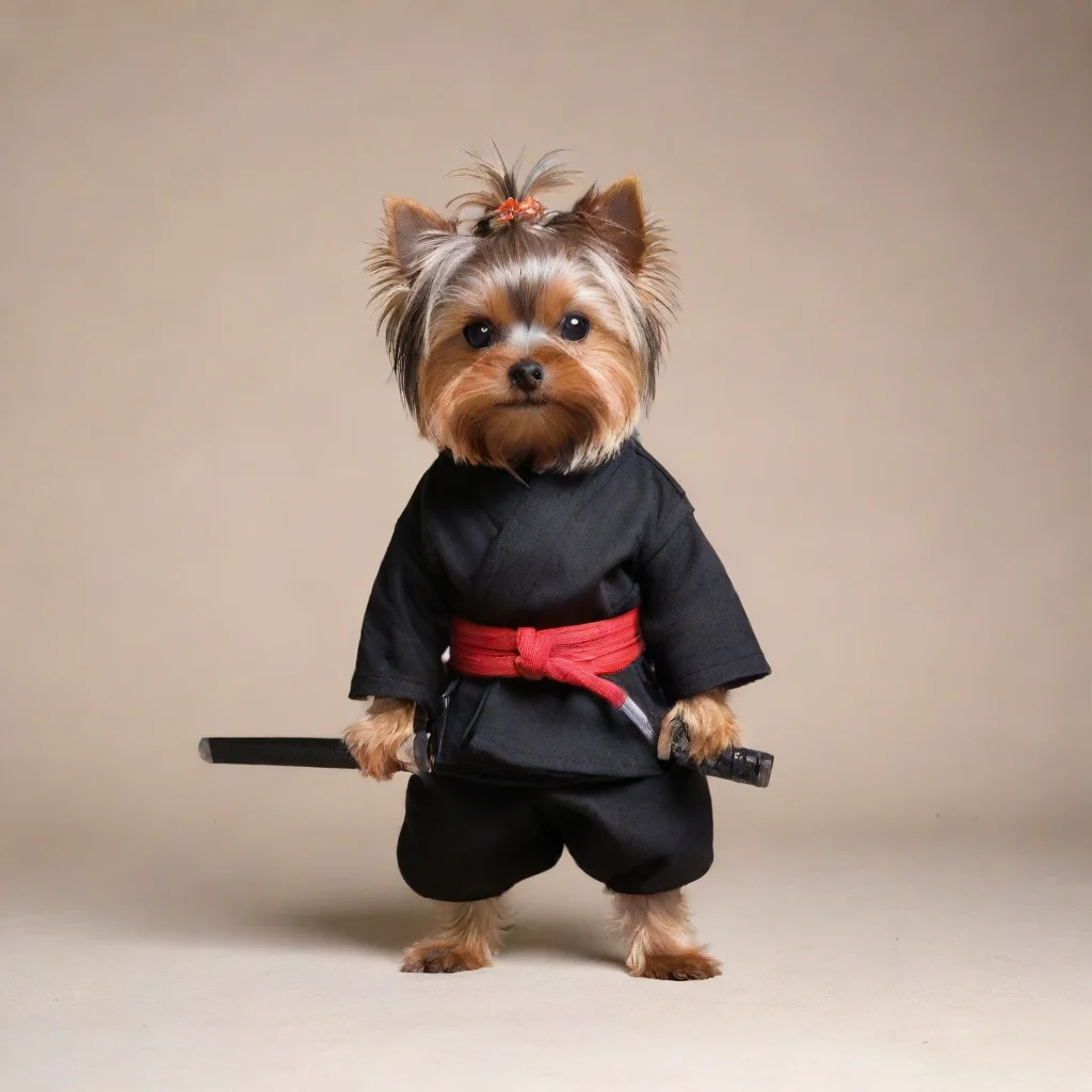 standing yorkshire terrier dressed as a ninja holding a katana
