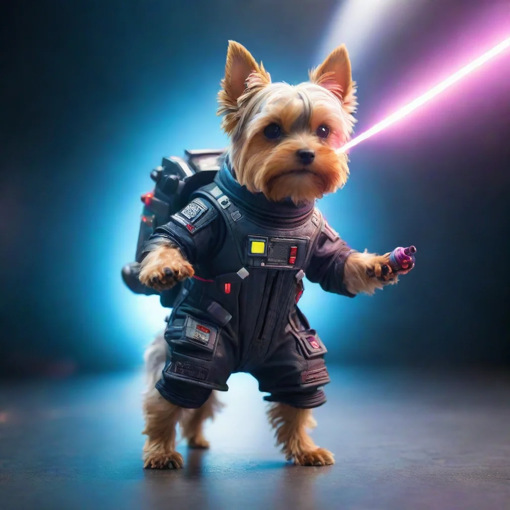 standing yorkshire terrier in a cyberpunk space suit firing a laser
