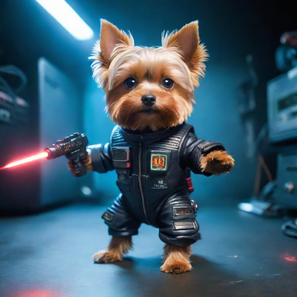 standing yorkshire terrier in a cyberpunk space suit firing n laser confident.