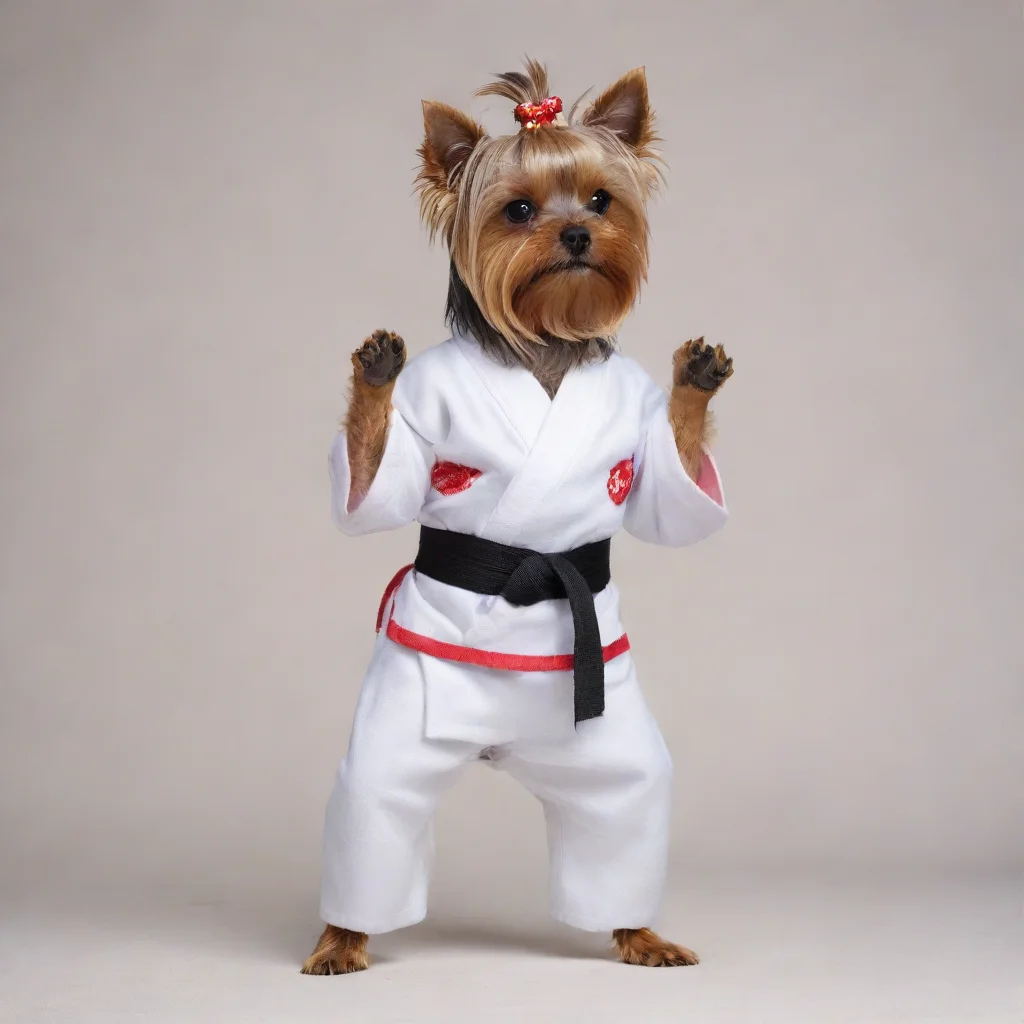 standing yorkshire terrier in a karateka kimono doing a kata