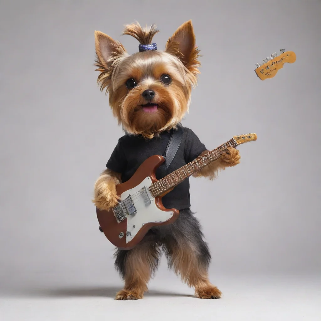 standing yorkshire terrier playing the electric guitar