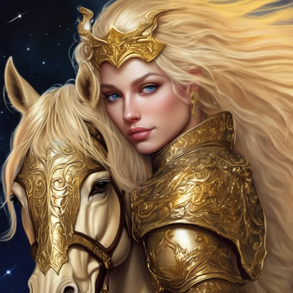 aistar goddess blonde fantasy art night golden armor riding a horse amazing awesome portrait 2