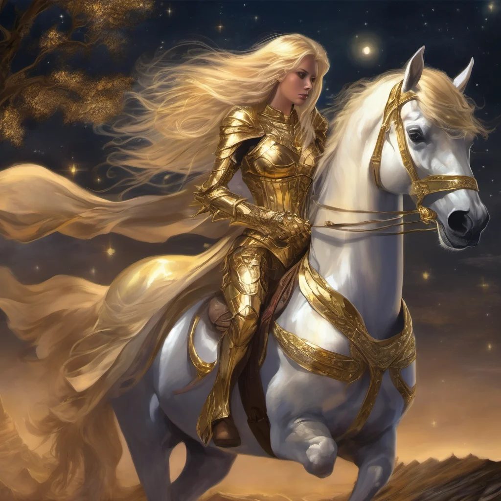 star goddess blonde fantasy art night golden armor riding a horse