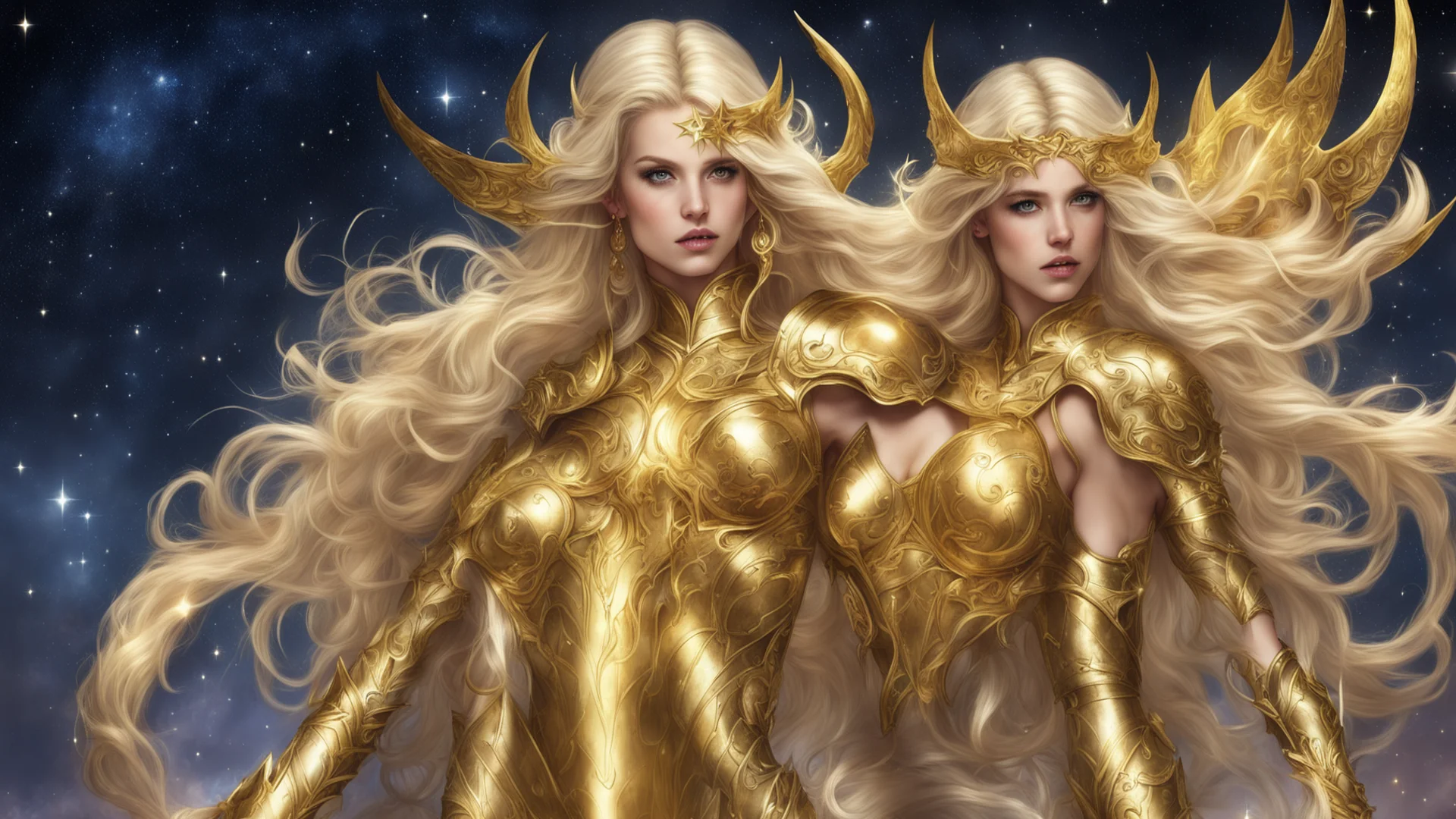 star goddess blonde fantasy art night golden armor wide