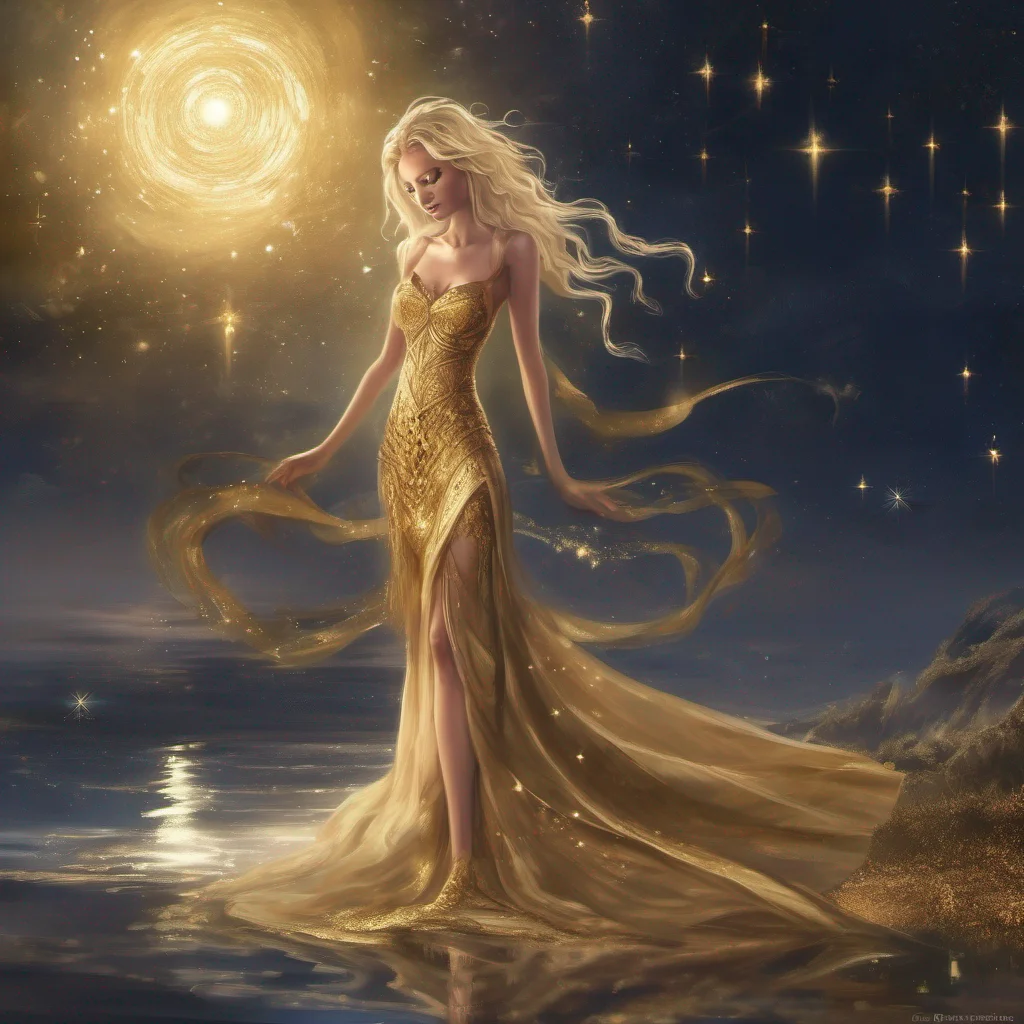 aistar goddess blonde fantasy art night golden dress