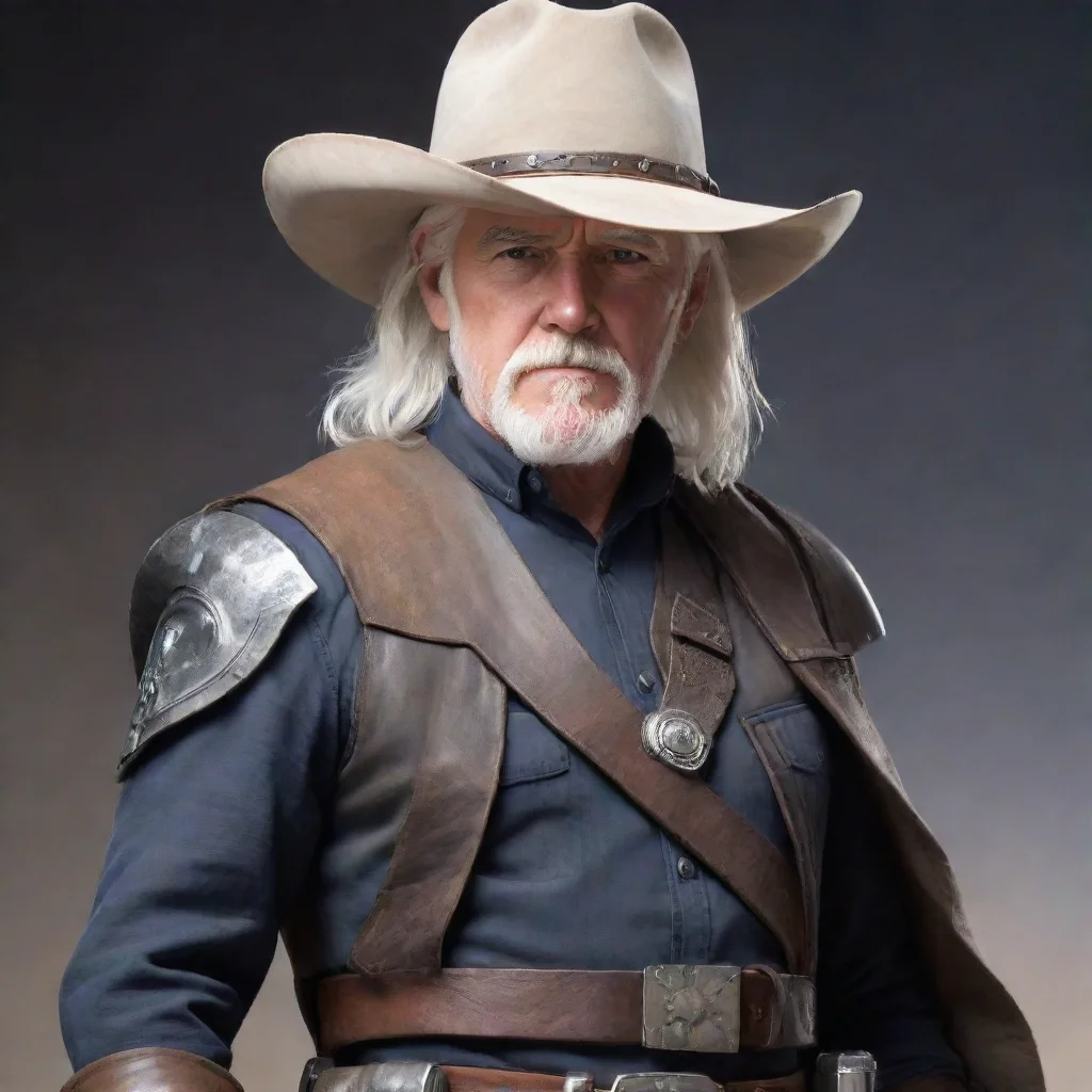 aistar wars mercenary%2C 50 year old%2C white hair%2C white beard%2C wearing a cowboy hat%2C wearing sci fi armor