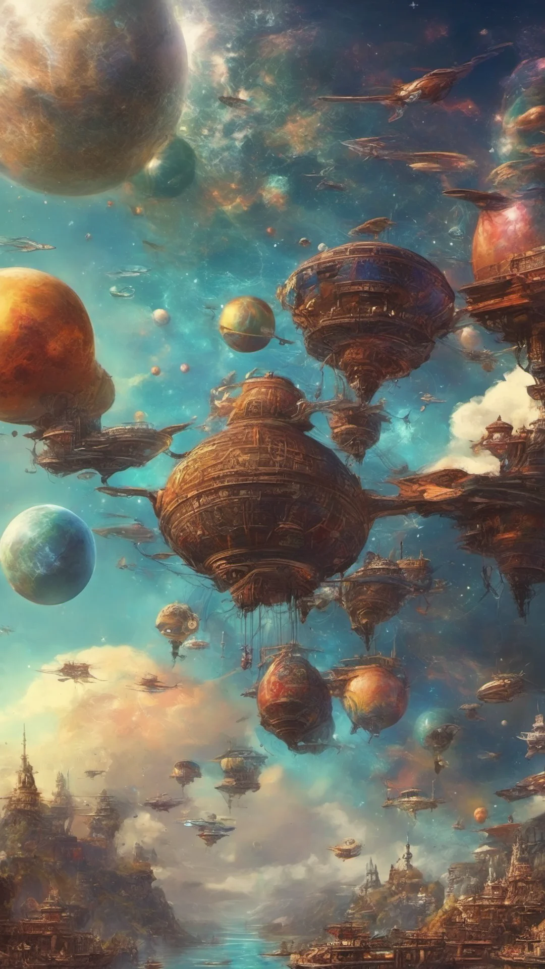 aistart sky planets galaxies flying airships futuristic colorful world sci fi epic fantasy  amazing awesome portrait 2 tall