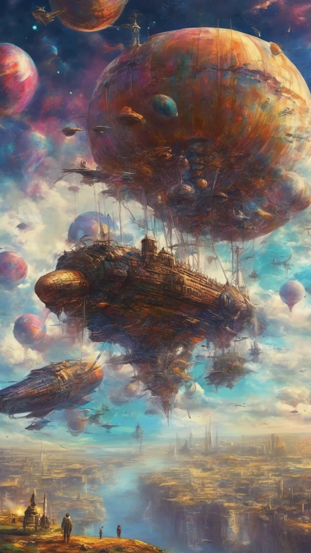aistart sky planets galaxies flying airships futuristic colorful world sci fi epic fantasy  confident engaging wow artstation art 3 tall