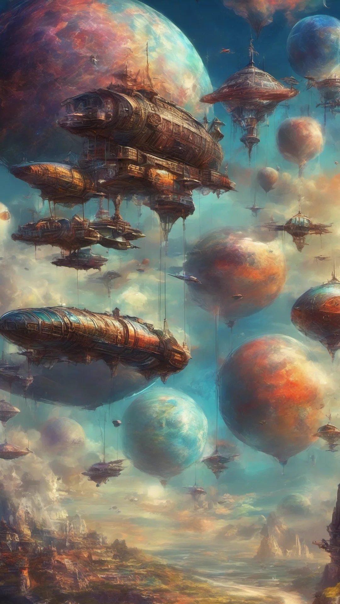 aistart sky planets galaxies flying airships futuristic colorful world sci fi epic fantasy  tall
