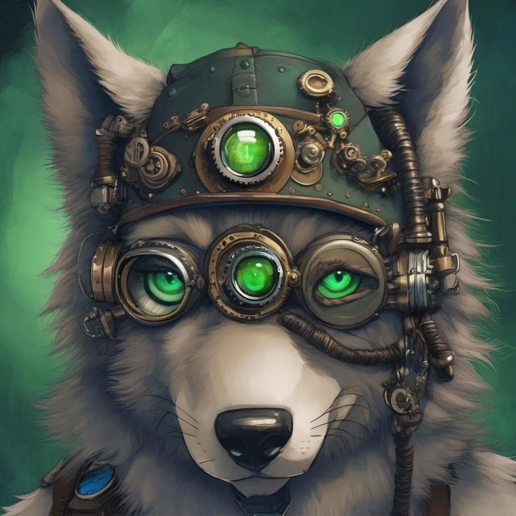 steampunk furry wolf blue fur green eyes