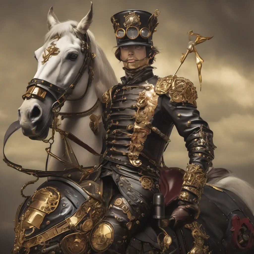 steampunk version of a soldier with leather and gold armour on top of a unicorn good looking trending fantastic 1