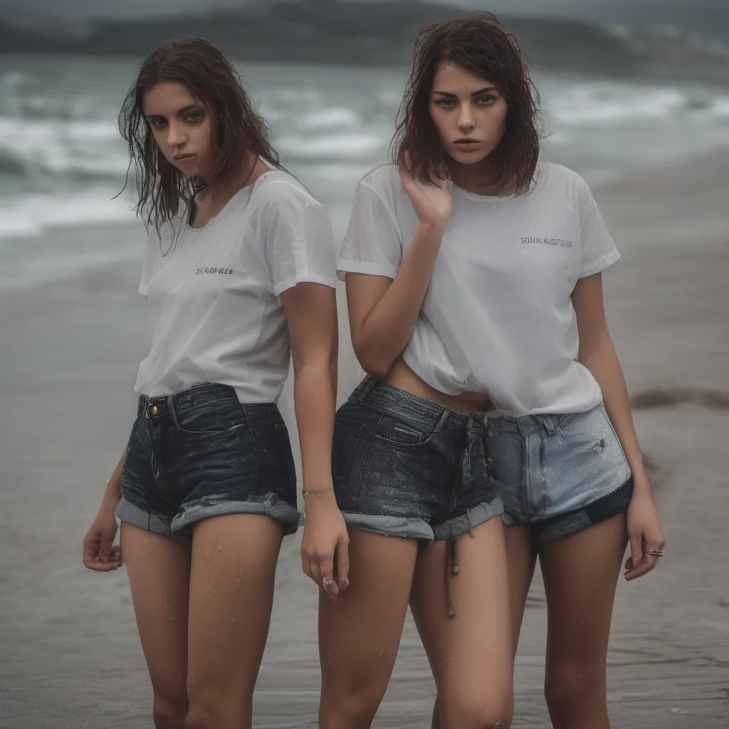 steamy portrait of two bottomless italian fashion student girls in very short t shirts at a rainy beach confident engaging wow artstation art 3