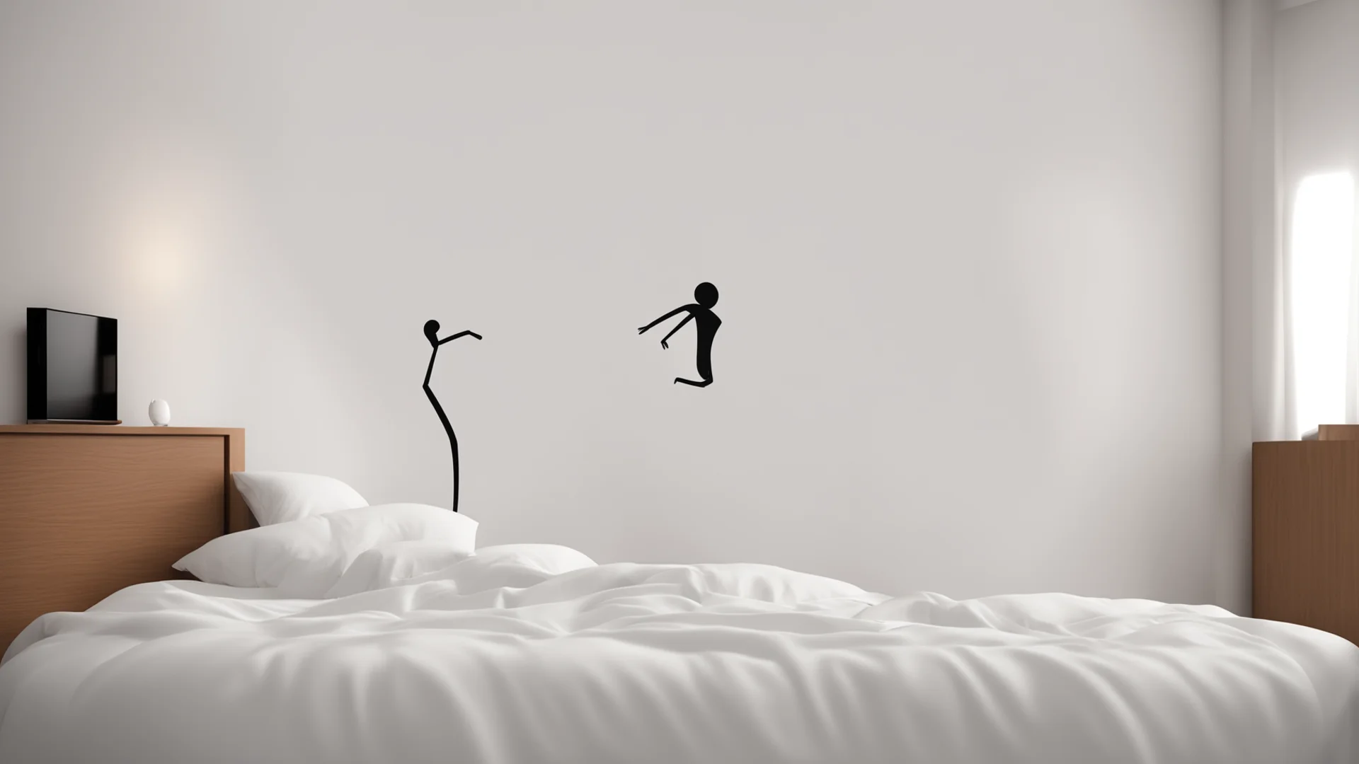 stickman waking up from his bed in his bedroom wide