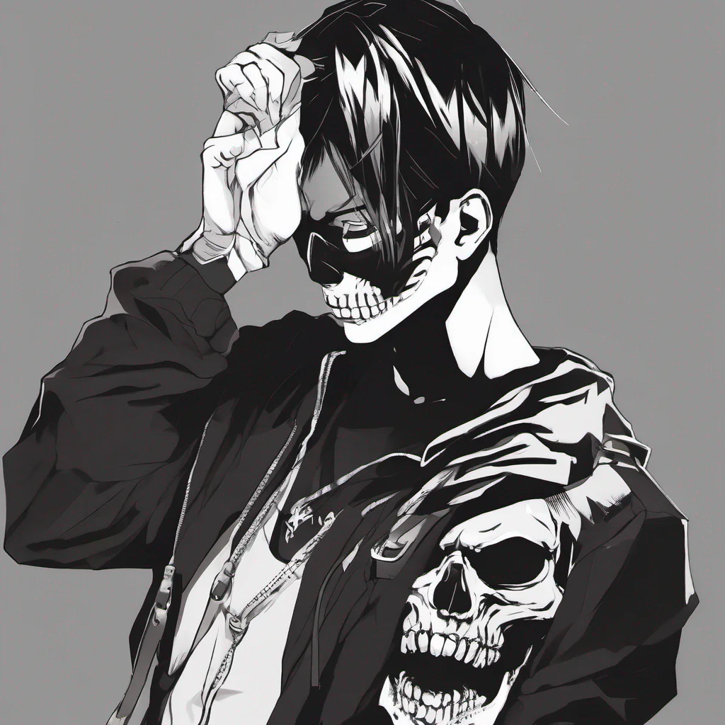 strong anime boy with a skull mask black clothing 