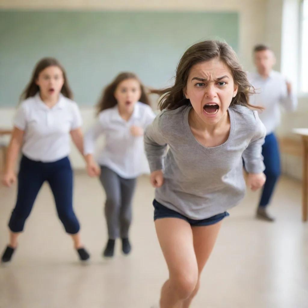 student with furious face running at the teacher