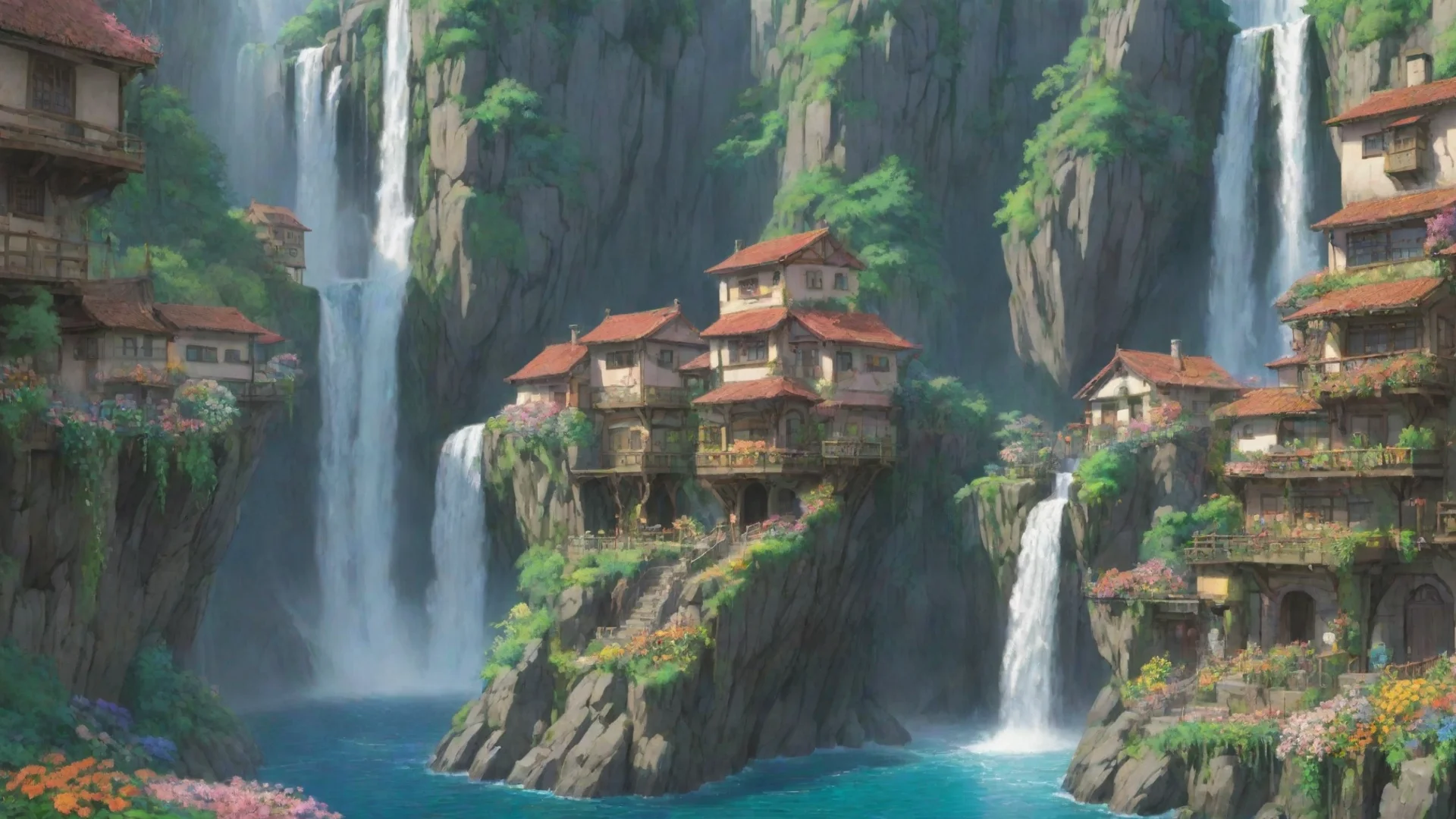 studio ghibli best award winning art environment sheer overhang cliff water fall city cute town with flowers hanging plants wide