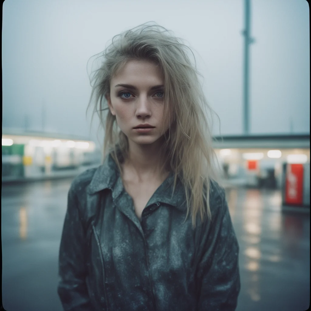 aisultry german babe%2C scratched and messy%2C  gas station. foggy rainy evening   instax good looking trending fantastic 1