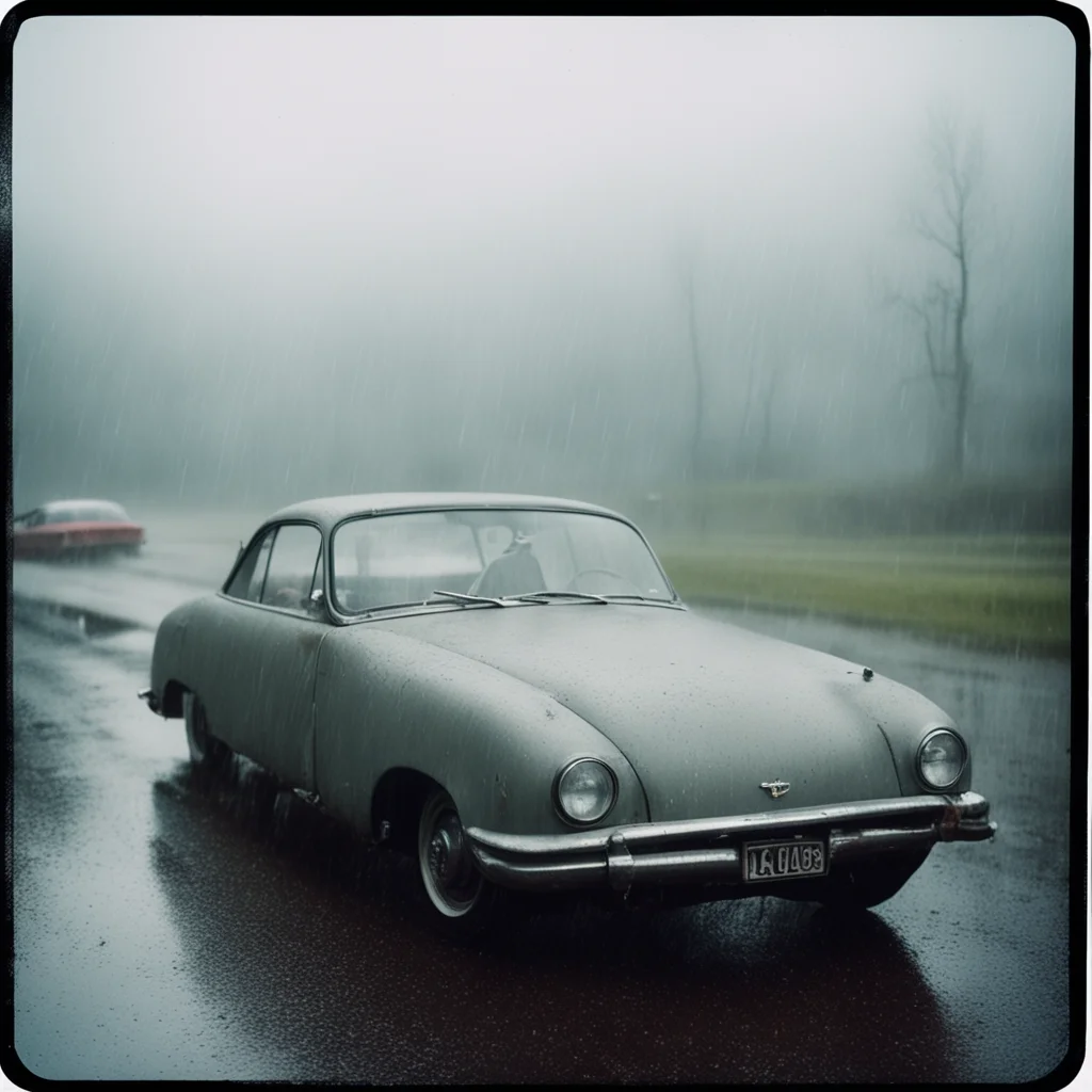 aisultry german babe%2C scratched and messy%2C with her old diry car%2C  gas station. foggy rainy evening   instax amazing awesome portrait 2