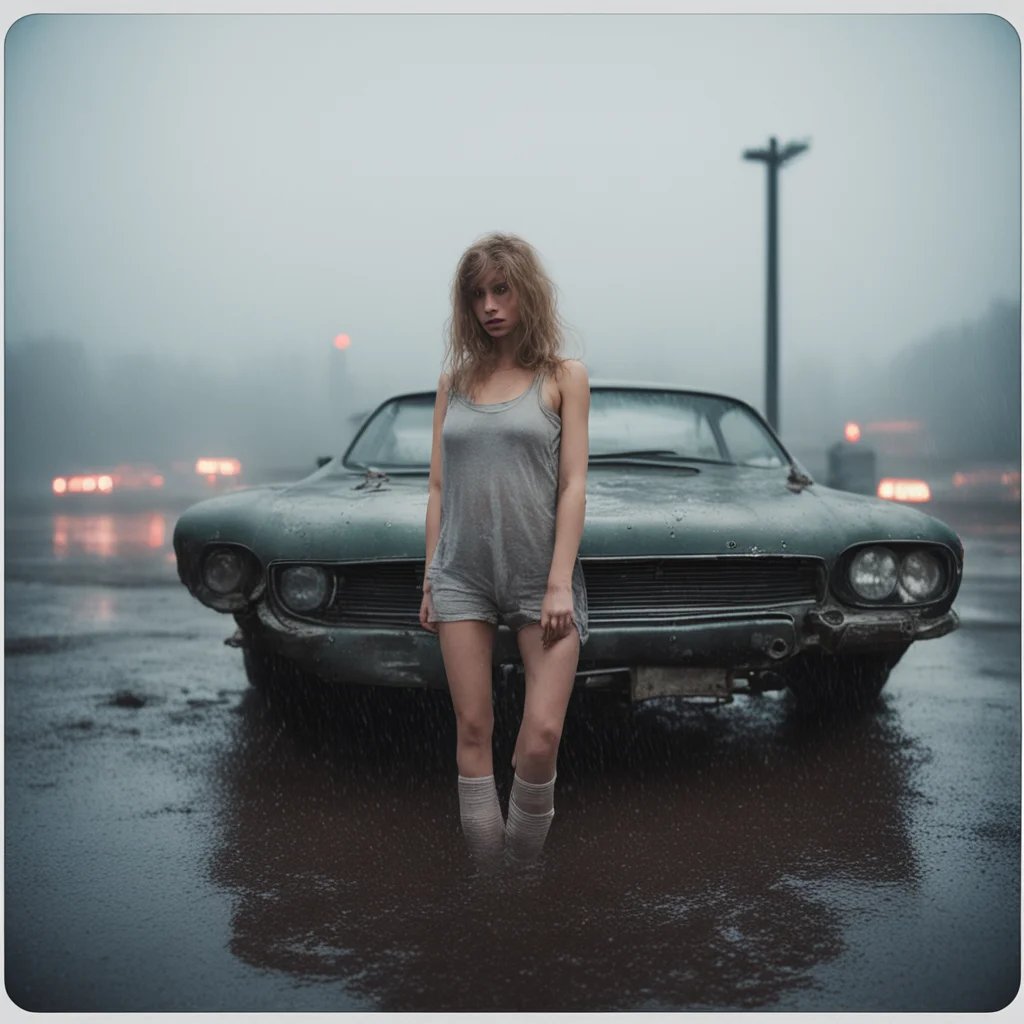 aisultry german babe%2C scratched and messy%2C with her old diry car%2C  gas station. foggy rainy evening   instax good looking trending fantastic 1