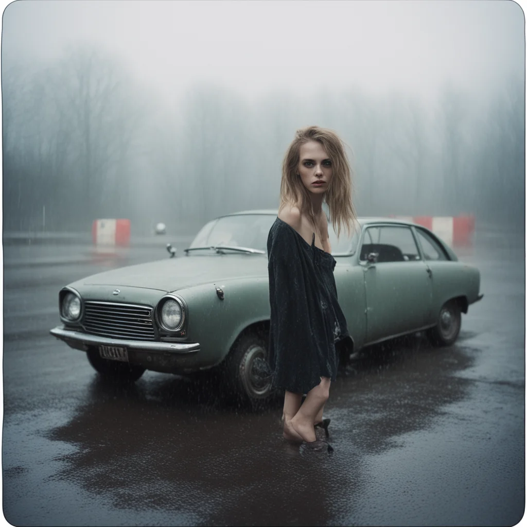 aisultry german babe%2C scratched and messy%2C with her old diry car%2C  gas station. foggy rainy evening   instax