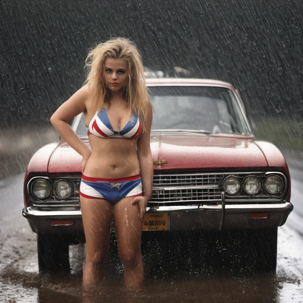 sultry voluptuous young cheerleader messy hair minimalist stars and stripes micro bikini cameltoe with her shiny new chevy  car sunny pouring rain  empty road  medium format art confident engaging w