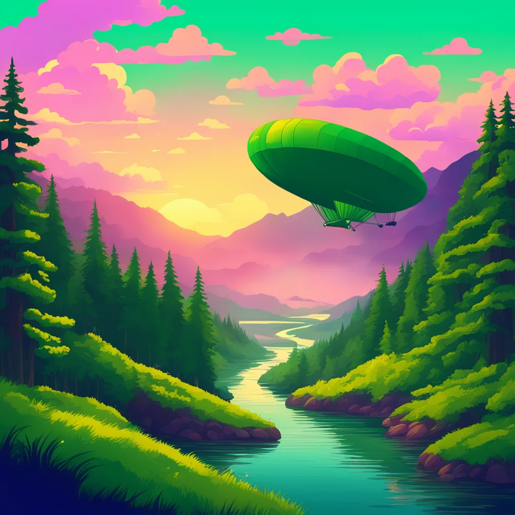 sunset illustration green forest zeppelin road river mountain clouds