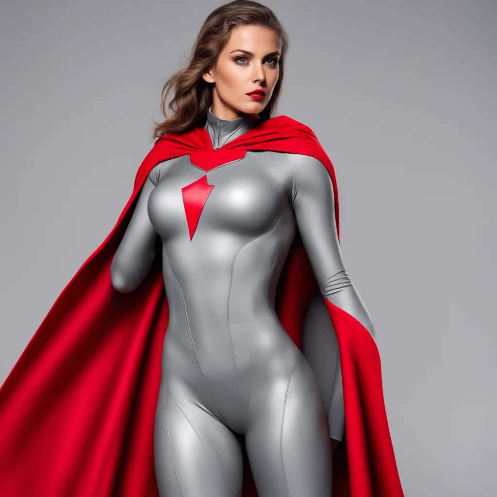 superheroine with a light gray spandex suit and a long red cape attached to the outflit shoulders amazing awesome portrait 2