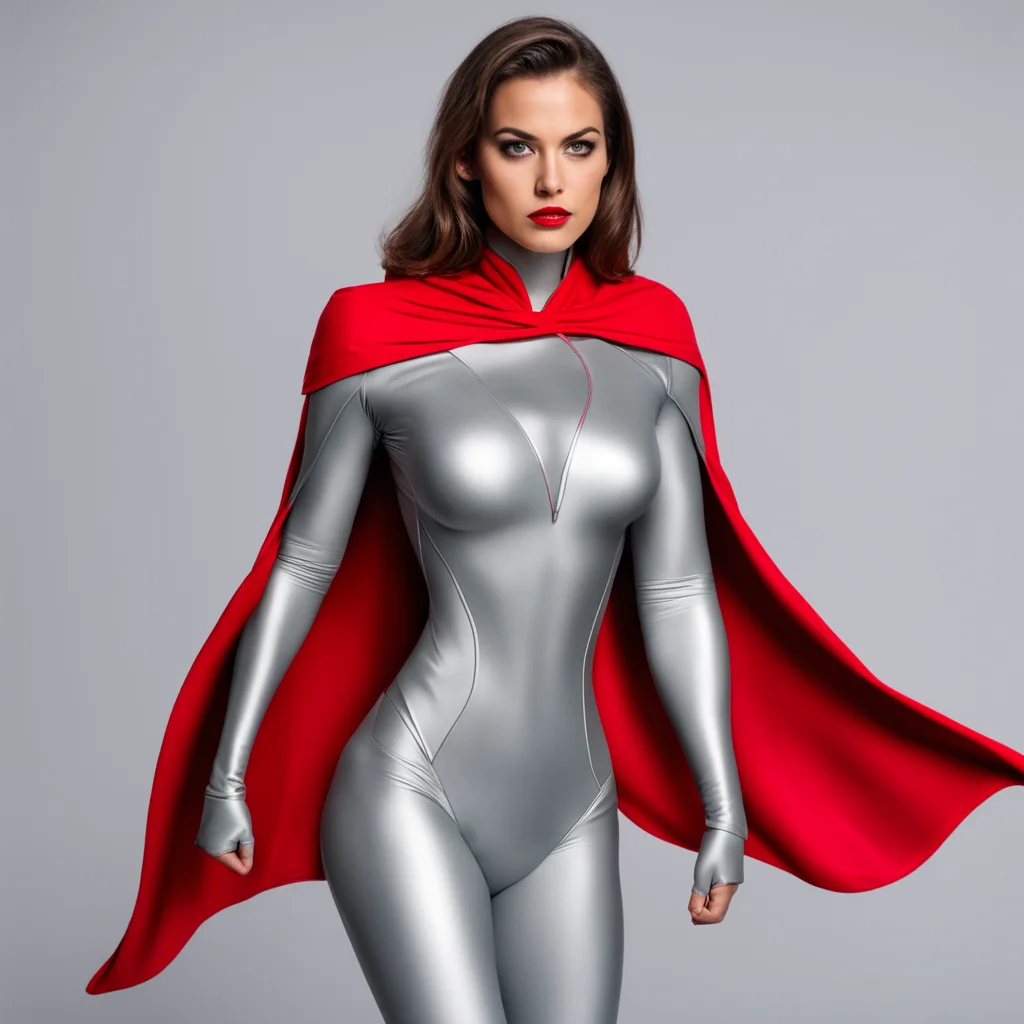 superheroine with a light gray spandex suit and a long red cape attached to the outflit shoulders good looking trending fantastic 1