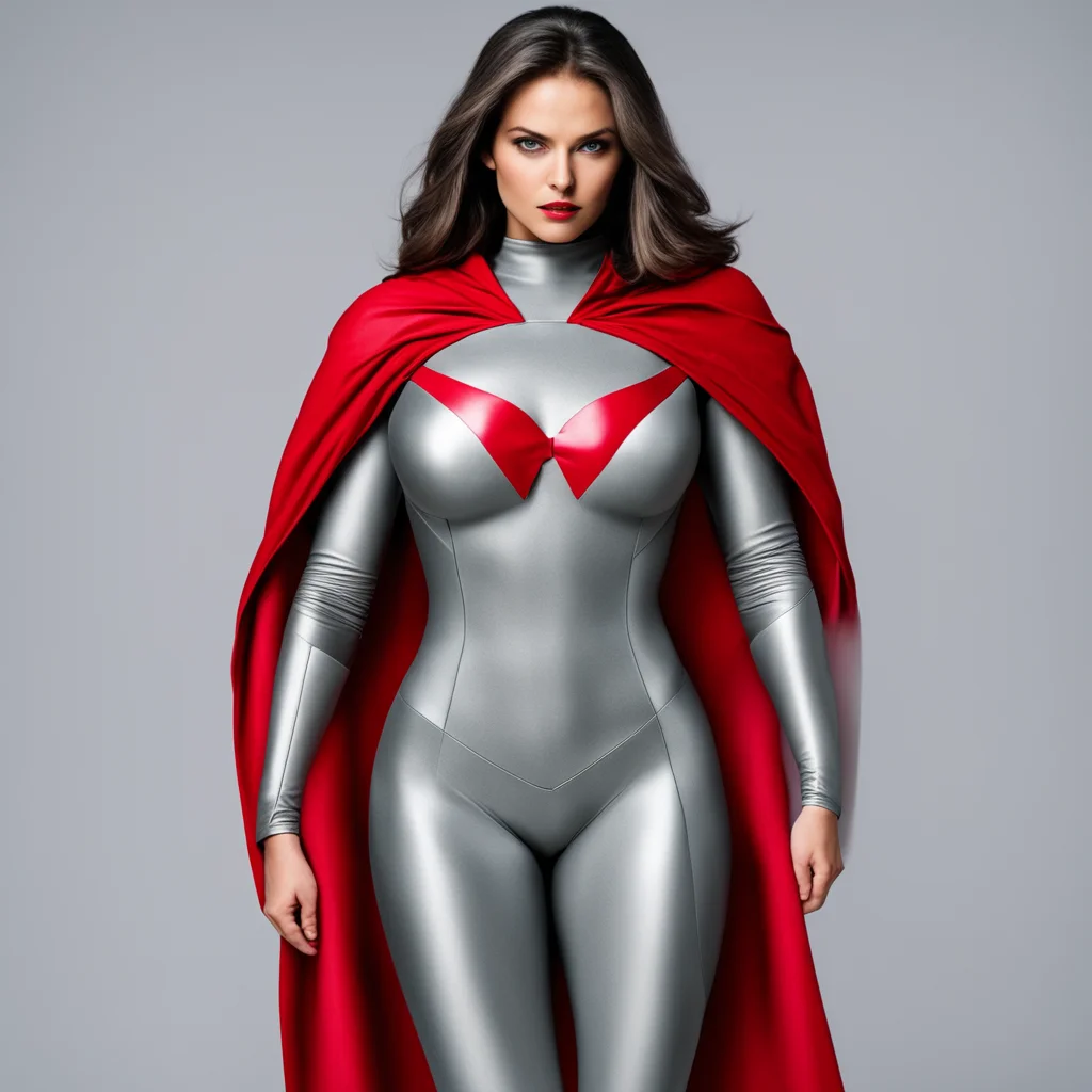 superheroine with a light gray spandex suit and a long red cape attached to the outflit shoulders