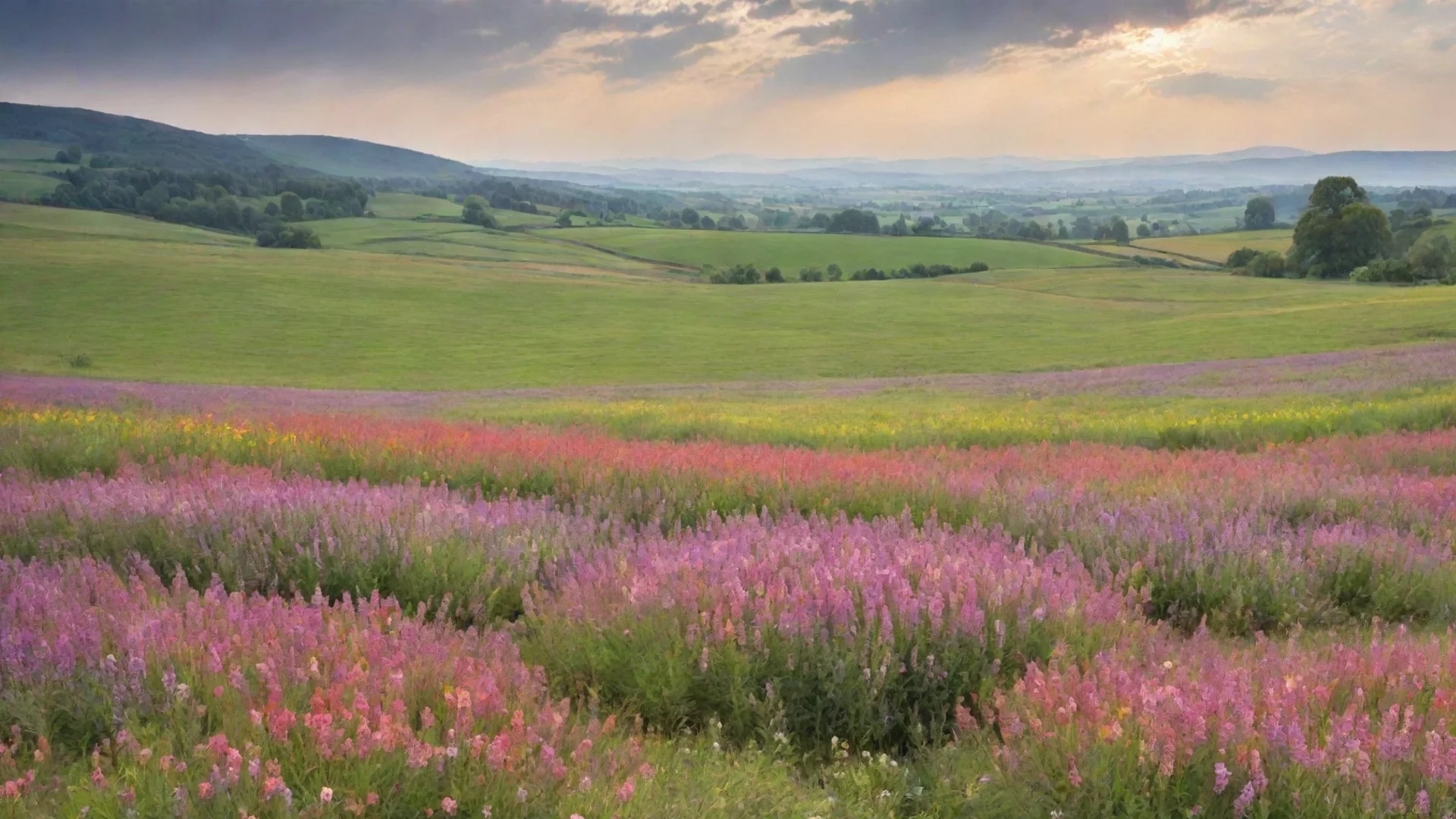 aisweeping landscape fields of flowers peaceful relaxing wide