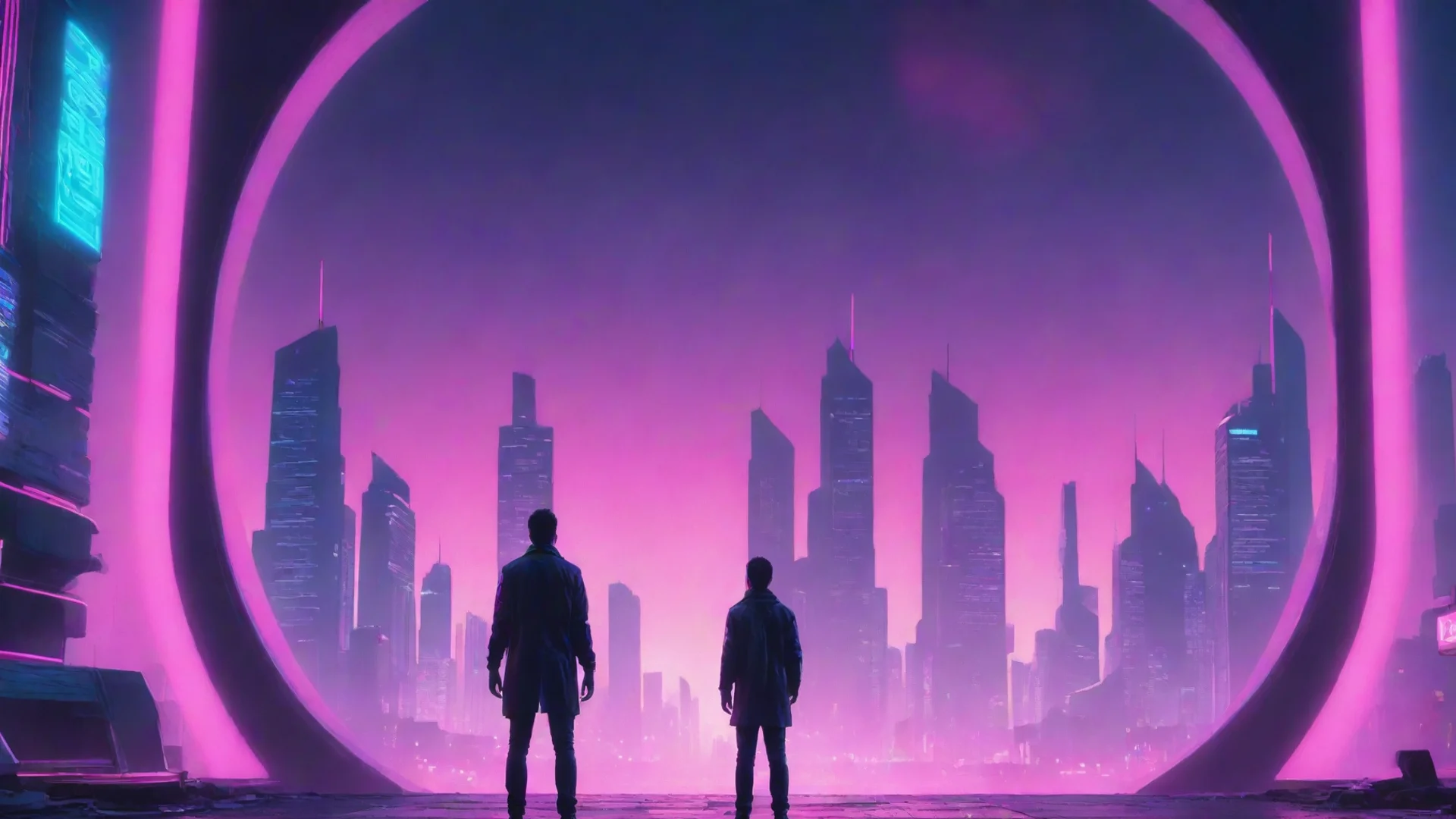 aisynthwave of a futuristic city and a man standing behind the portal wide