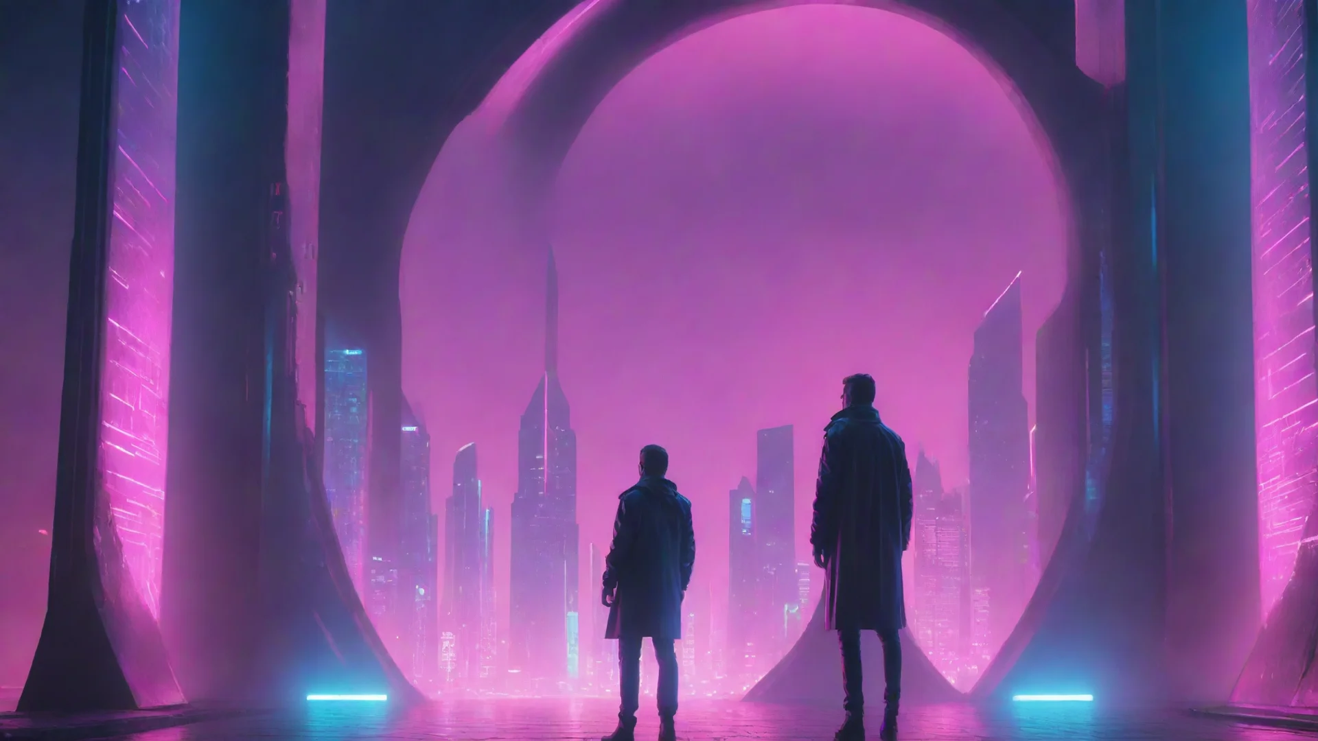 synthwave of a man standing behind the portal of the futuristic city wide