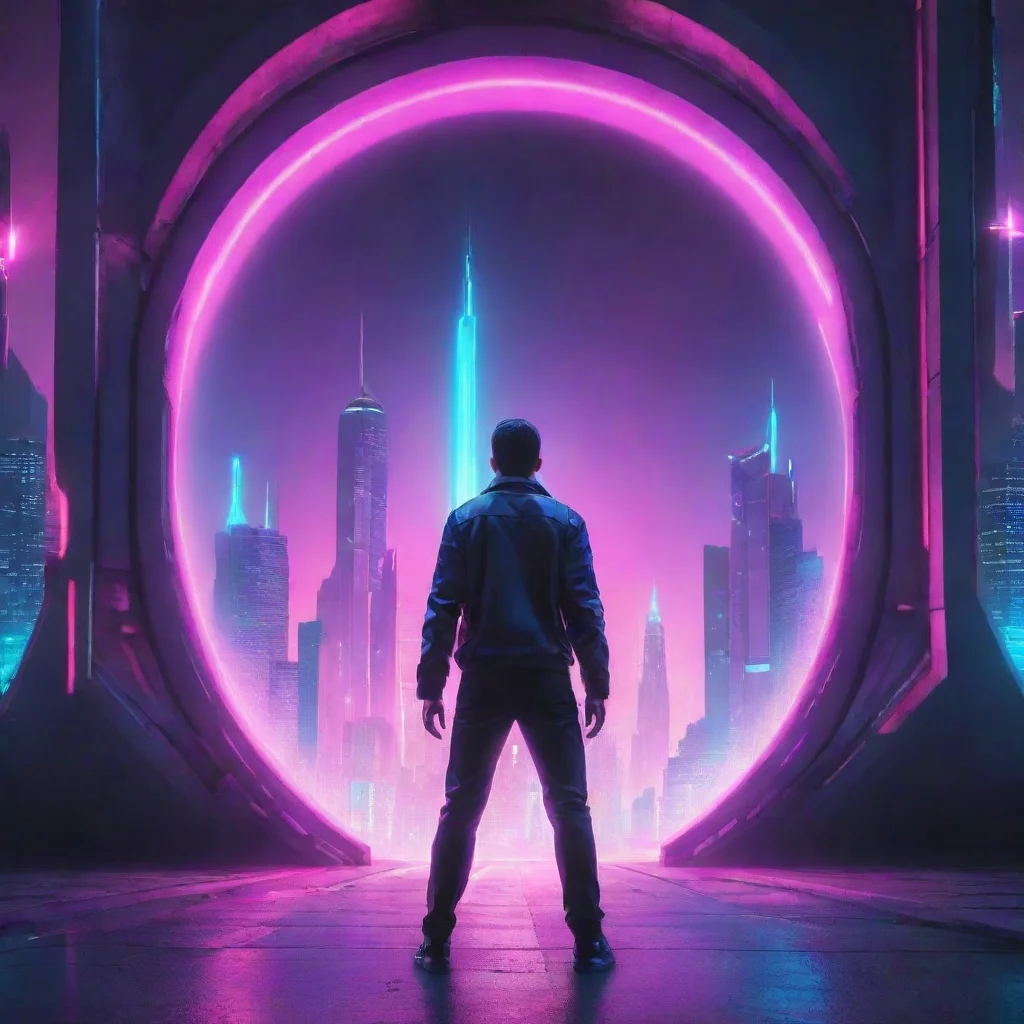 synthwave of a man standing behind the portal of the futuristic city