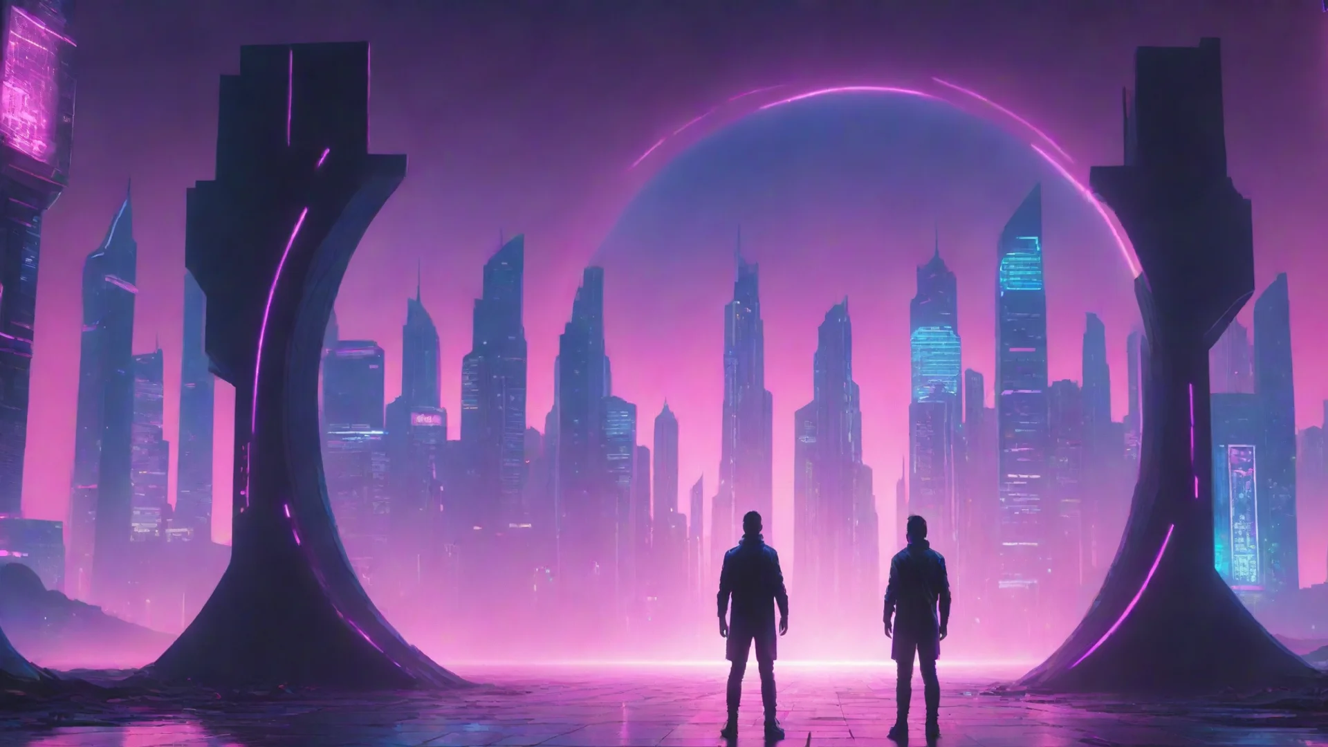 synthwave of one man standing behind the portal of the futuristic city wide