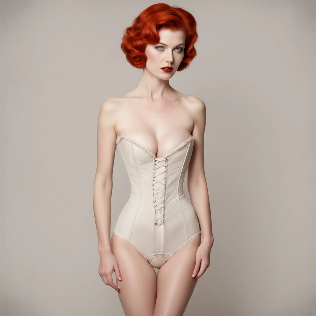 tall 1950s attractive short haired redhead woman wearing corset lingerie