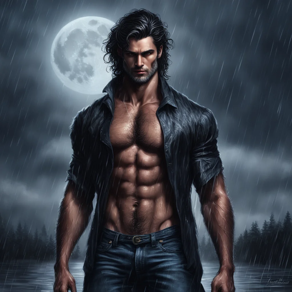 tall dark and handsome man romance novel detailed rain moon full body werewolf portrait dramatic hunk confident engaging wow artstation art 3