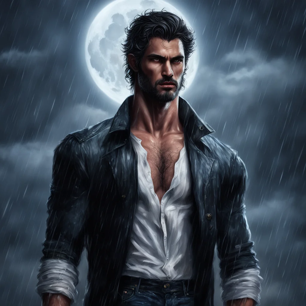 tall dark and handsome man romance novel detailed rain moon full body werewolf portrait dramatic hunk