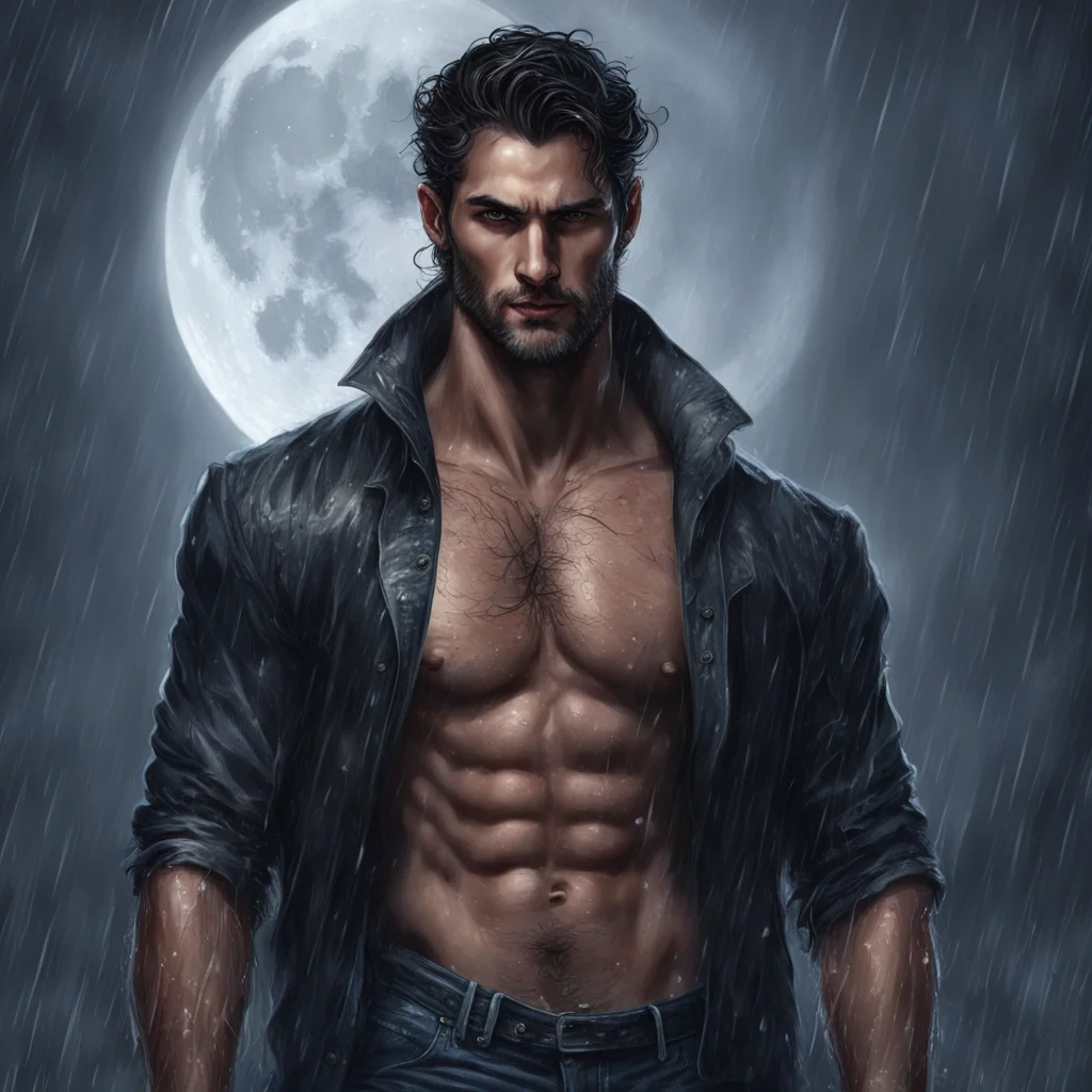 tall dark and handsome man romance novel detailed rain moon full body werewolf portrait hunk good looking trending fantastic 1