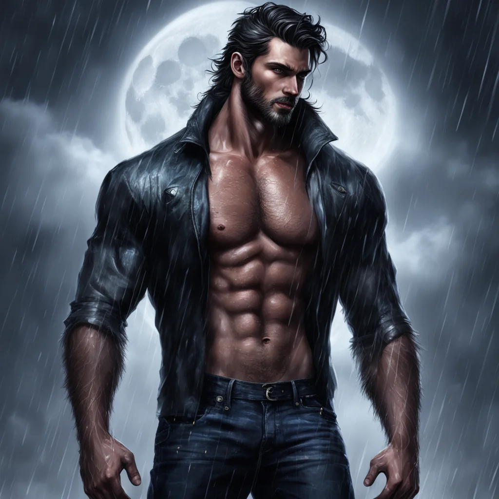 tall dark and handsome man romance novel detailed rain moon full body werewolf portrait hunk