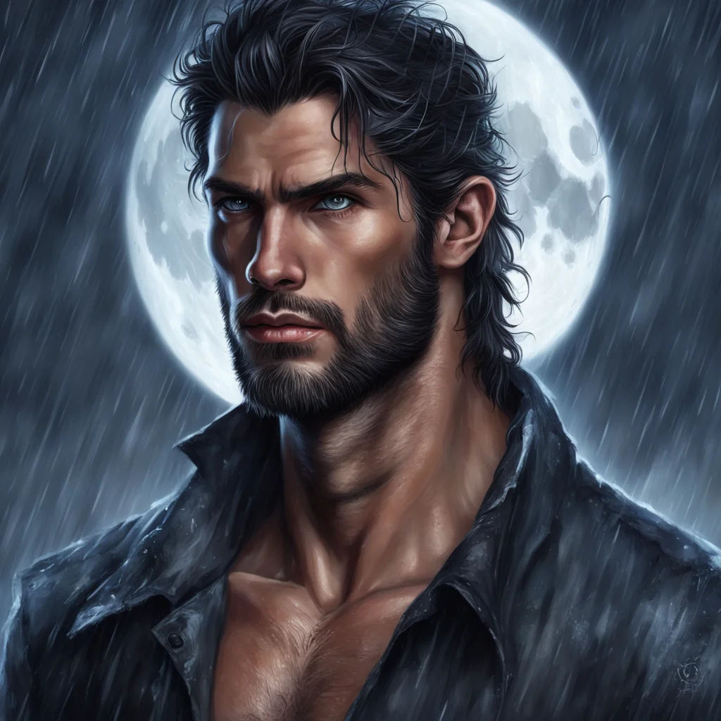 tall dark and handsome man romance novel detailed rain moon werewolf portrait hunk good looking trending fantastic 1