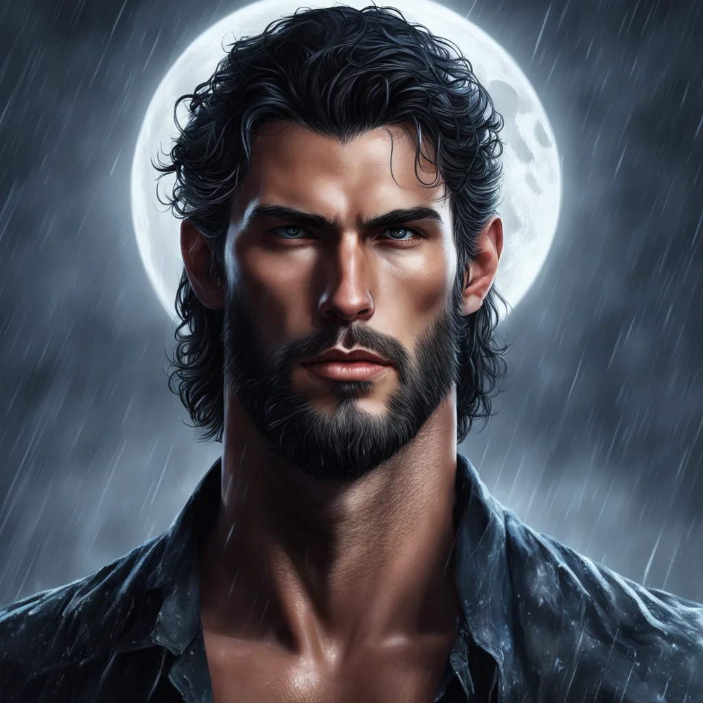 tall dark and handsome man romance novel detailed rain moon werewolf portrait hunk
